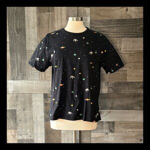 Denim & Flower black outer space t-shirt large astronaut planets stars summer